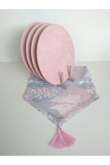 Amerikan Servis Takım Pembe Mercan Desenli Runner (4 Pudra Pembe Supla)