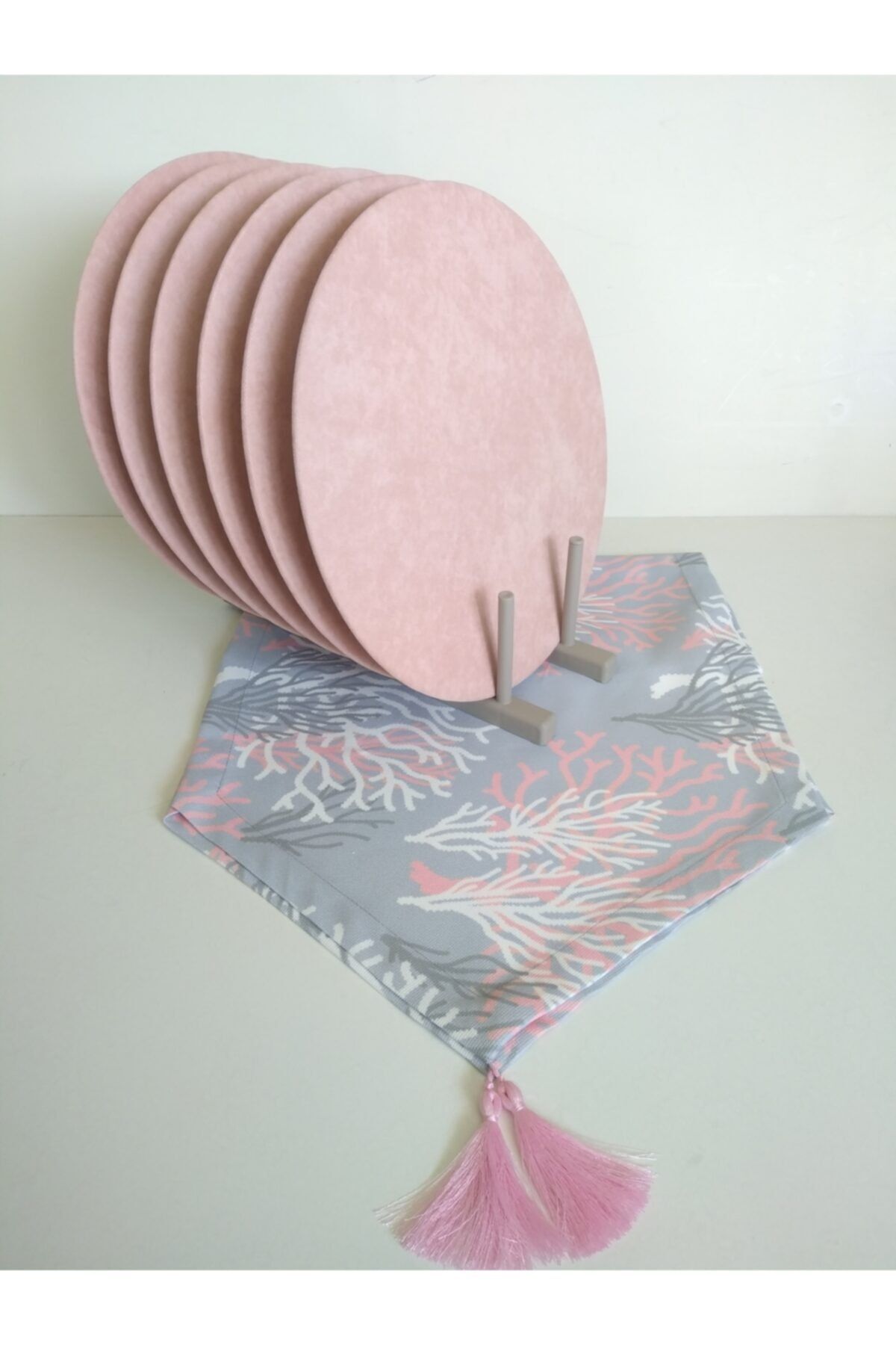 Amerikan Servis Takım Pembe Mercan Desenli Runner (6 Pudra Pembe Supla)