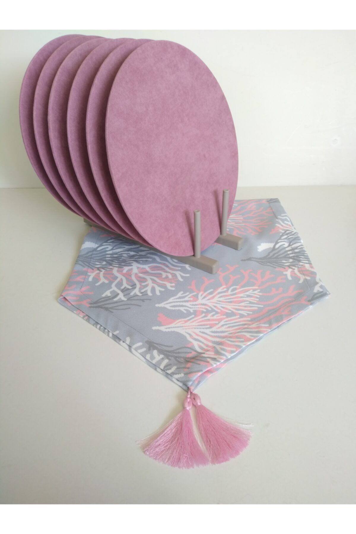 Amerikan Servis Takım Pembe Mercan Desenli Runner (6 Pembe Supla)