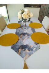Gri Mermer Desenli Runner & 4 Hardal Sarısı Renk Supla,