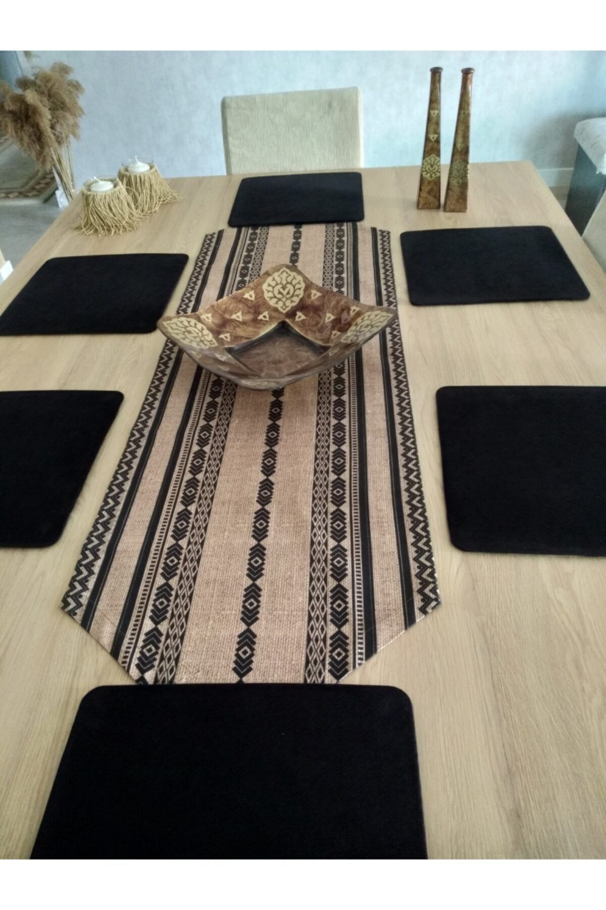 Etnik Bohem Desenli Runner & 6 Siyah Kare Supla