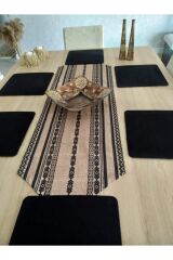 Etnik Bohem Desenli Runner & 6 Siyah Kare Supla