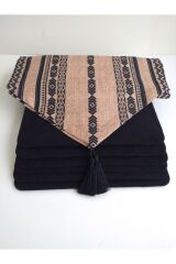 Etnik Bohem Desenli Runner & 6 Siyah Kare Supla