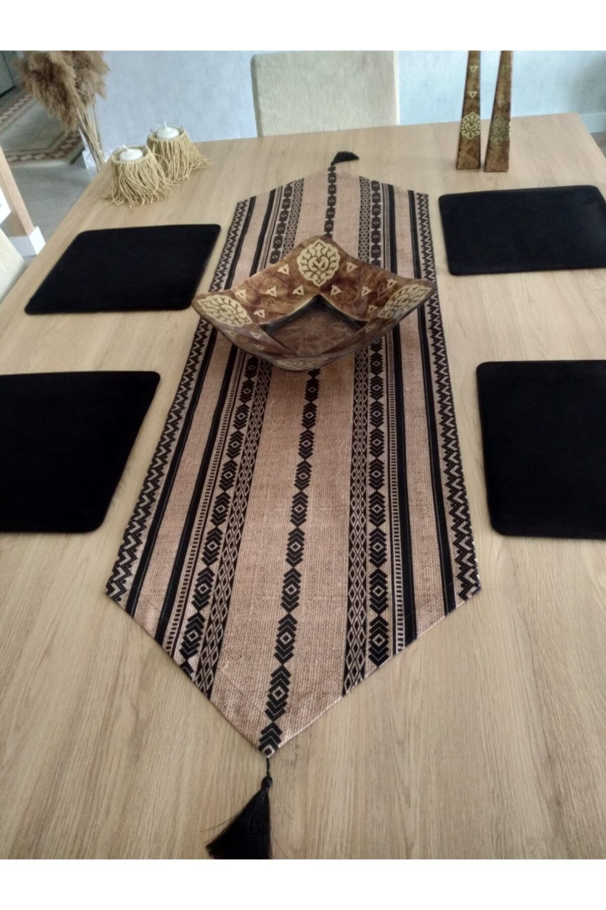 Etnik Bohem Desenli Runner & 4 Siyah Kare Supla