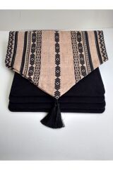 Etnik Bohem Desenli Runner & 4 Siyah Kare Supla