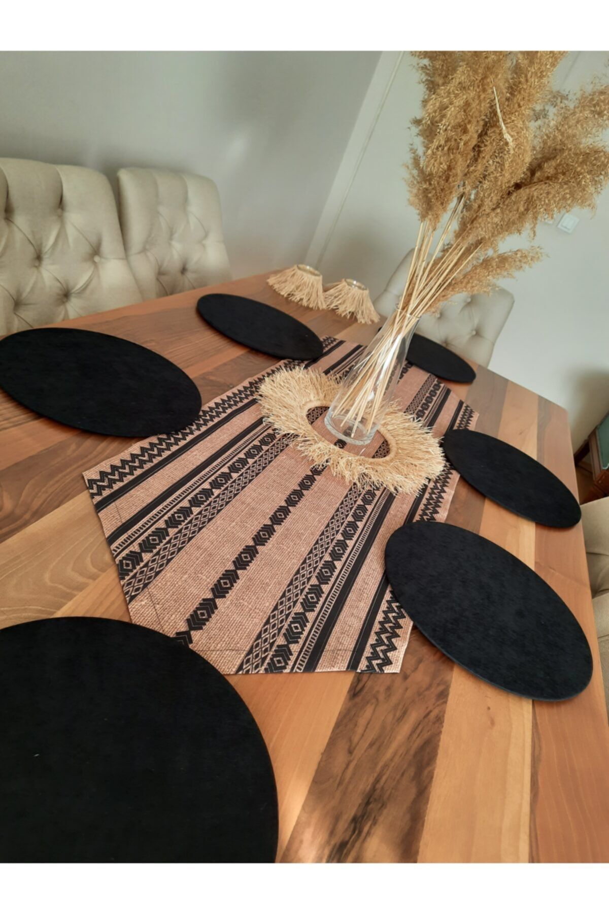 Etnik Bohem Desenli Runner & 6 Siyah Supla