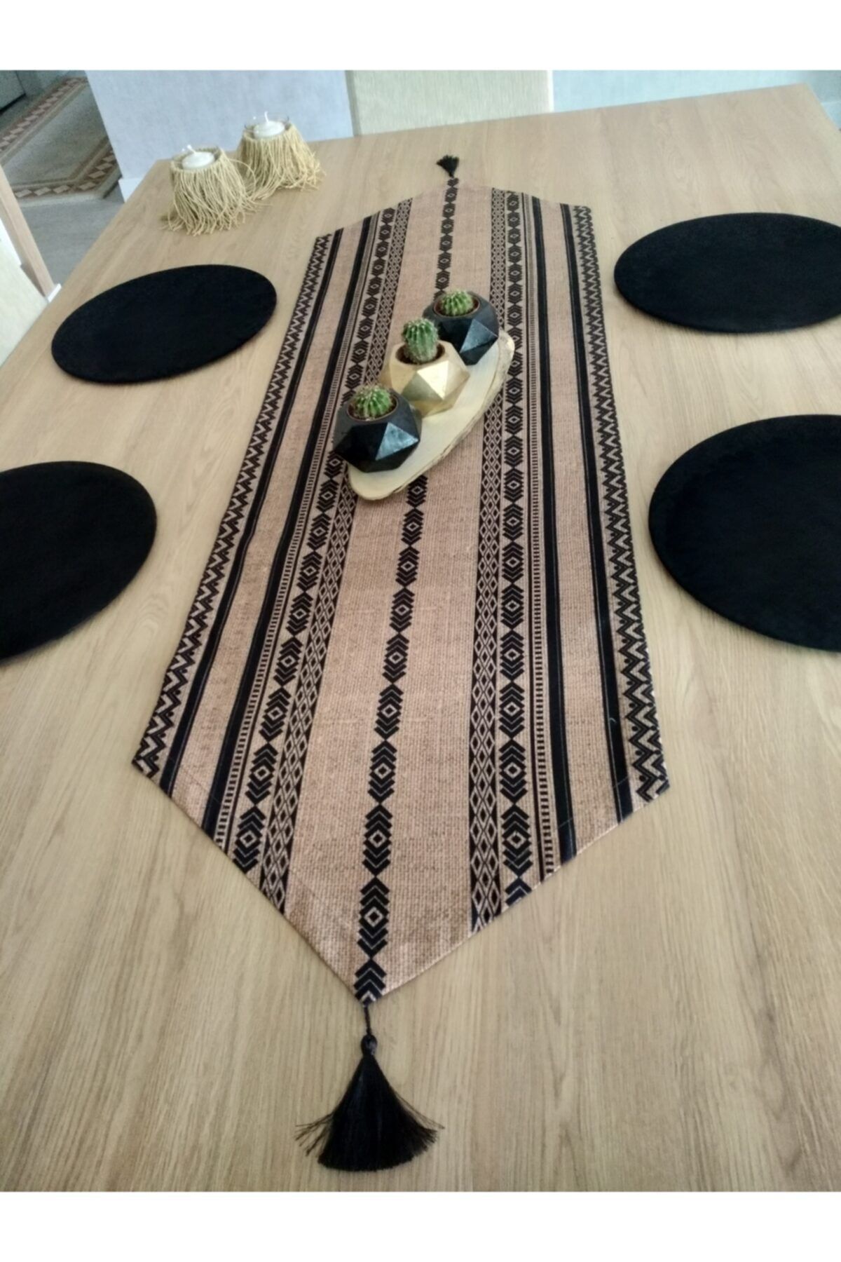 Etnik Bohem Desenli Runner & 4 Siyah Supla
