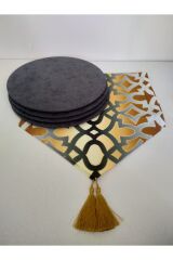 Degrade Ottoman Osmanlı Desenli Runner & 4 Koyu Gri Renk Supla