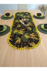 Mimoza Çiçek Desenli, Sarı Ponponlu Runner & 4 Koyu Yeşil Renk Supla