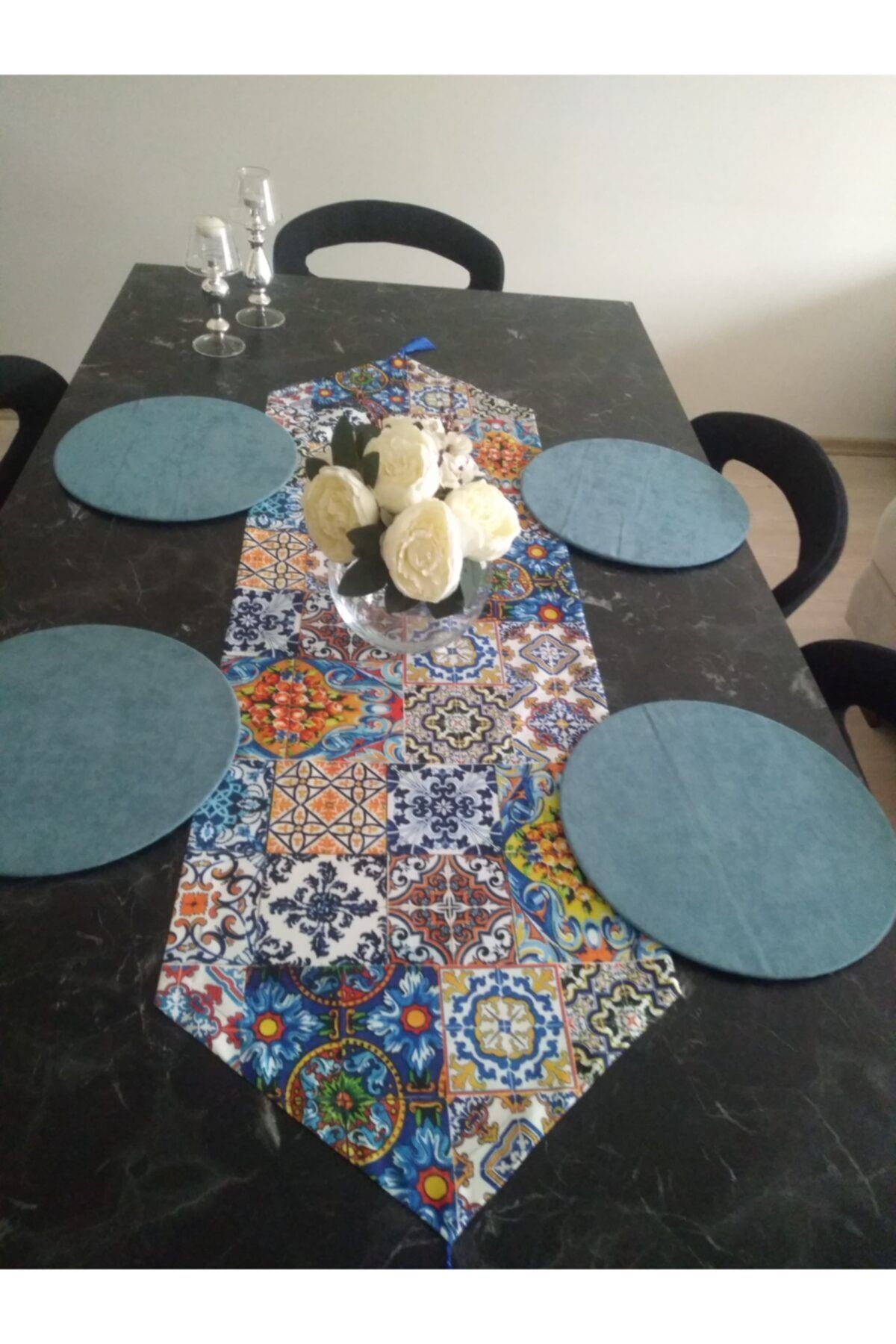 Çini Desenli Runner, 4 Açık Mavi Renk Supla