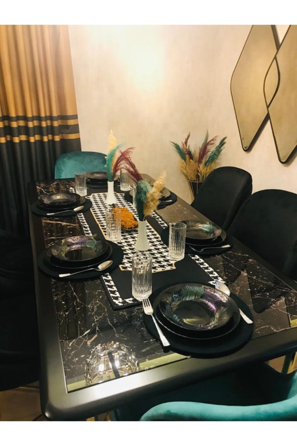 Amerikan Servis Takım, Siyah-beyaz Kaz Ayağı Pano Desen Runner, 6 Siyah Supla