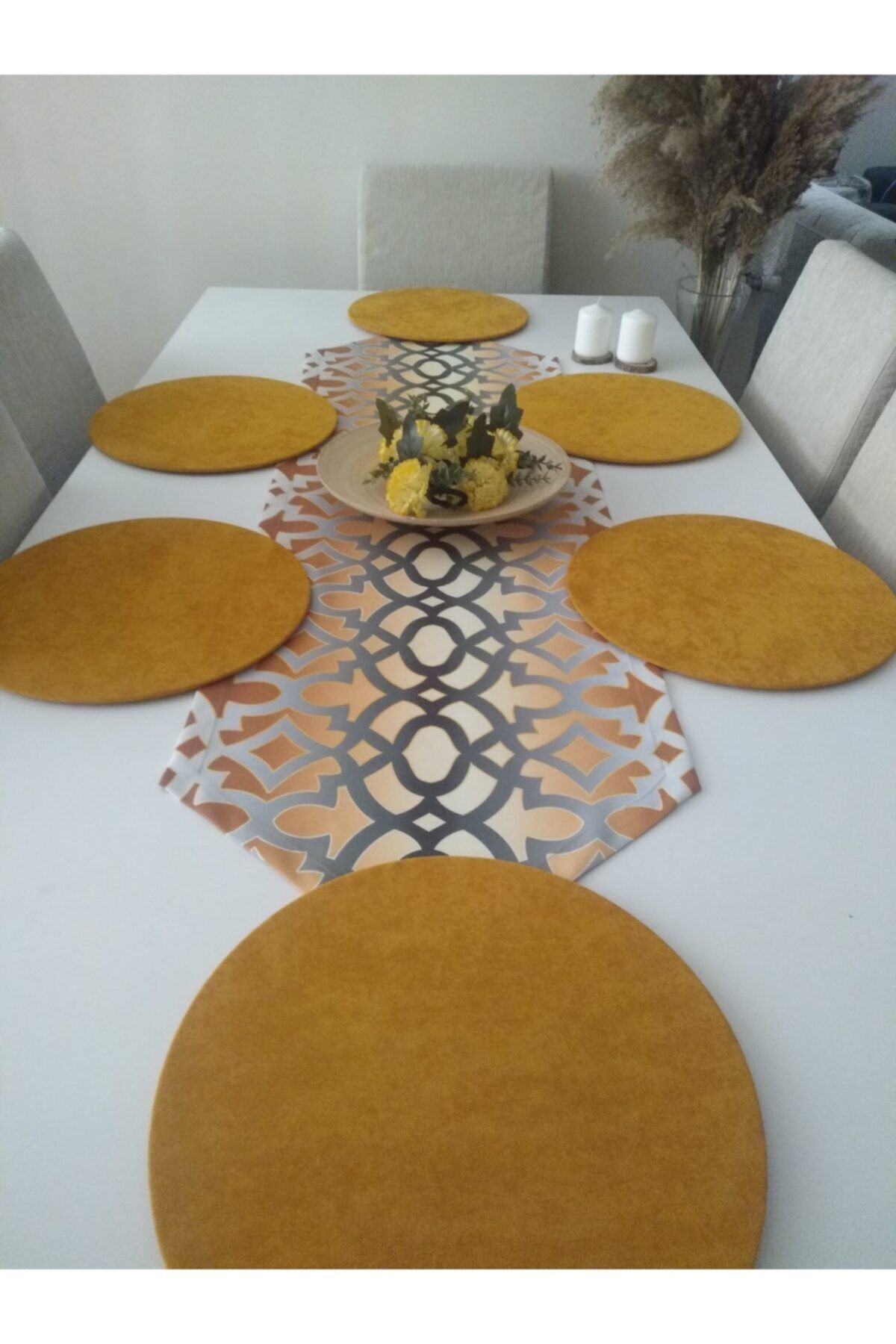 Degrade Ottoman Osmanlı Desenli Runner & 6 Hardal Sarı Supla,
