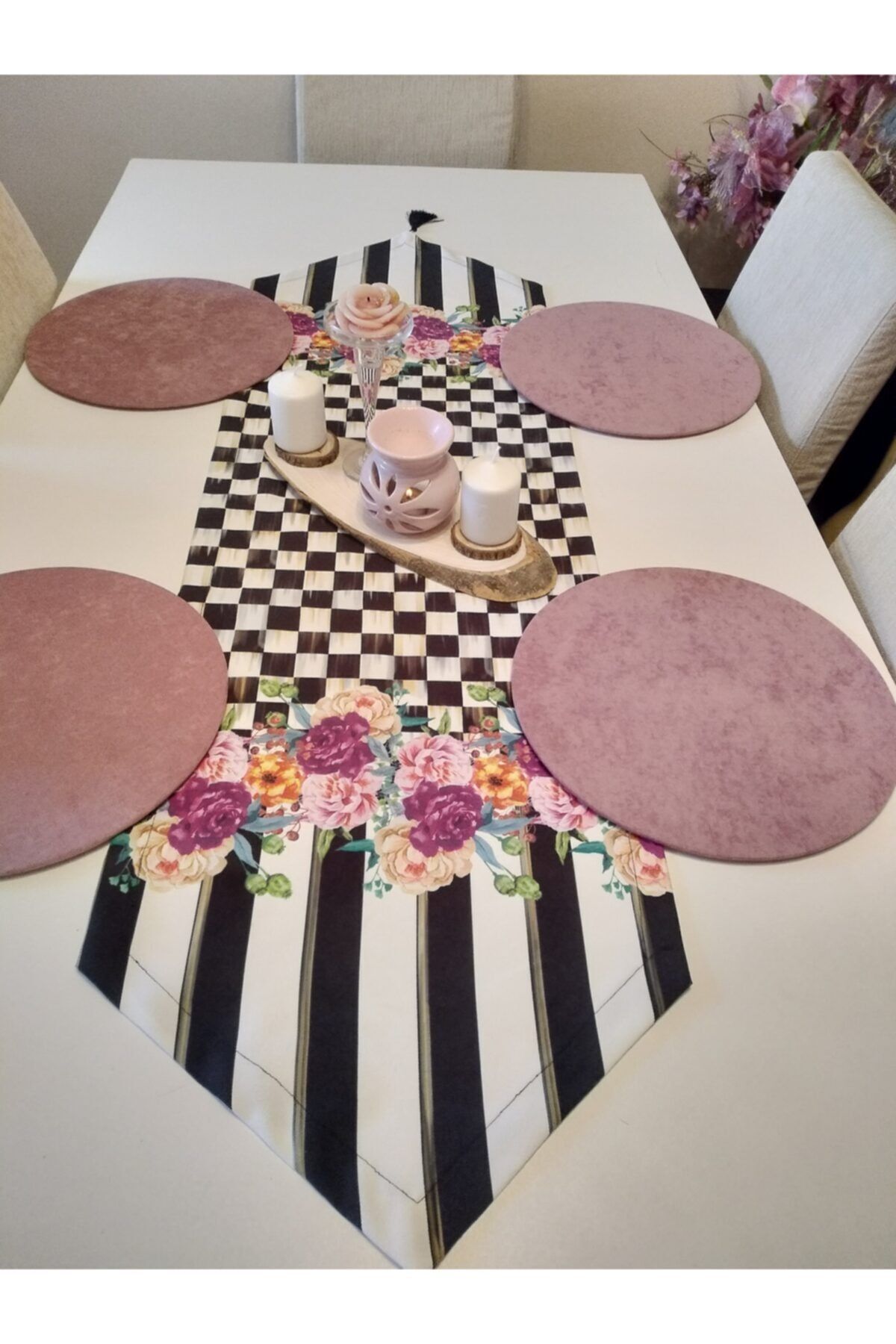 Amerikan Servis Takım 4 Pembe Renk Supla, Dama'lı ,(mackenzie Çiçek Desenli) Runner.