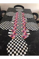 Amerikan Servis Takım 6 Pembe Supla, Dama'lı ,(mackenzie) Çiçek Desenli Runner.