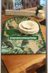 Amerikan Servis Muz Yaprak Desenli Yeşil Ponponlu Oval Runner