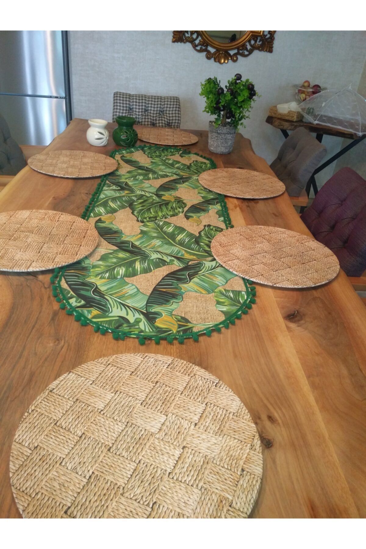 Amerikan Servis Takım Muz Yaprak Desenli Yeşil Ponponlu Oval Runner 6 Hasır Örgü Desenli Supla