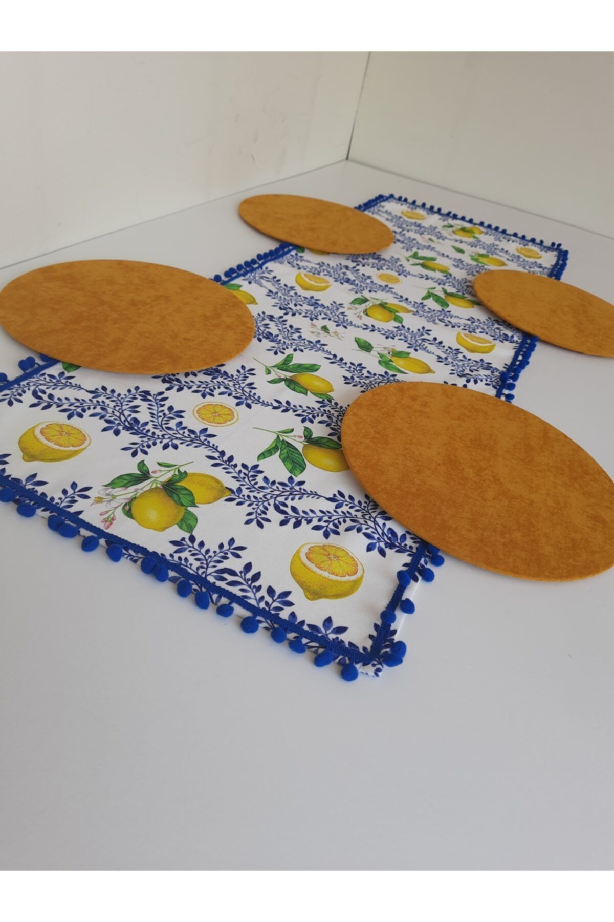 Amerikan Servis Takım Limon Desenli Mavi Ponponlu Dikdörtgen Runner 4 Sarı Supla