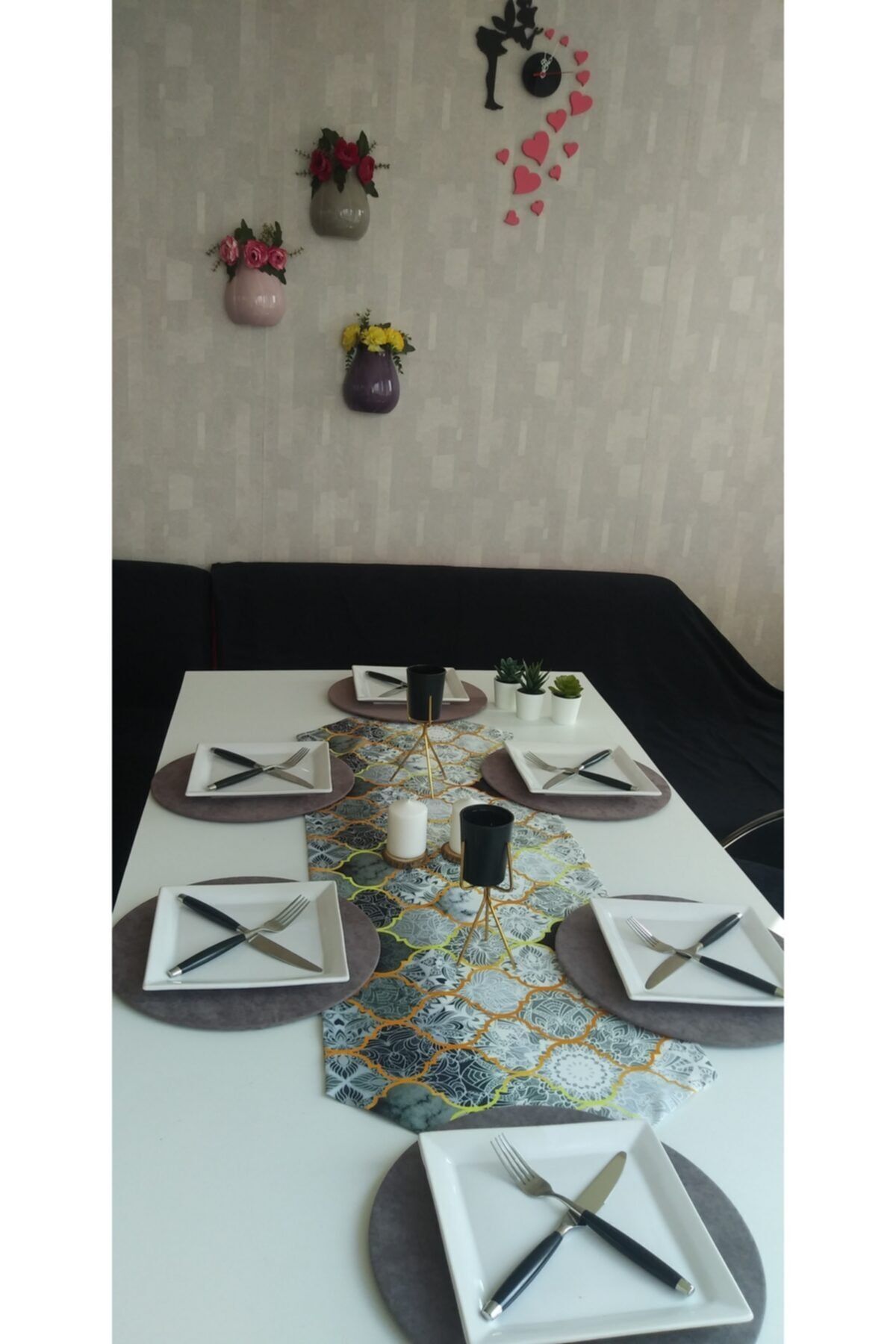 Amerikan Servis Takım 6 Koyu Gri Supla (gri Siyah Motifli Moroccan Desenli) Runner
