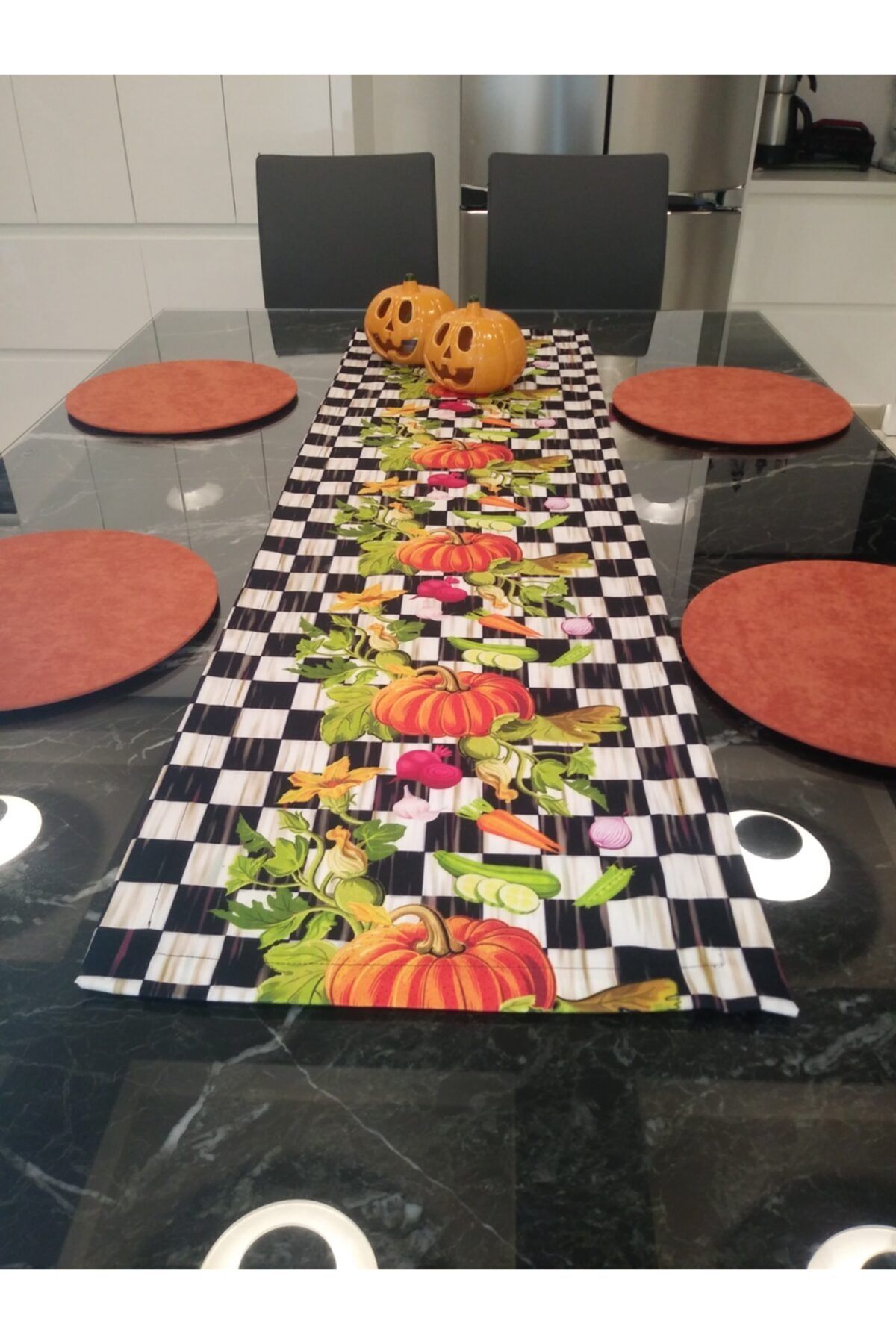 Amerikan Servis Damalı (makkenzi Bal Kabağı Desenli Runner) 4 Kremit=taba Renk Suplasupla